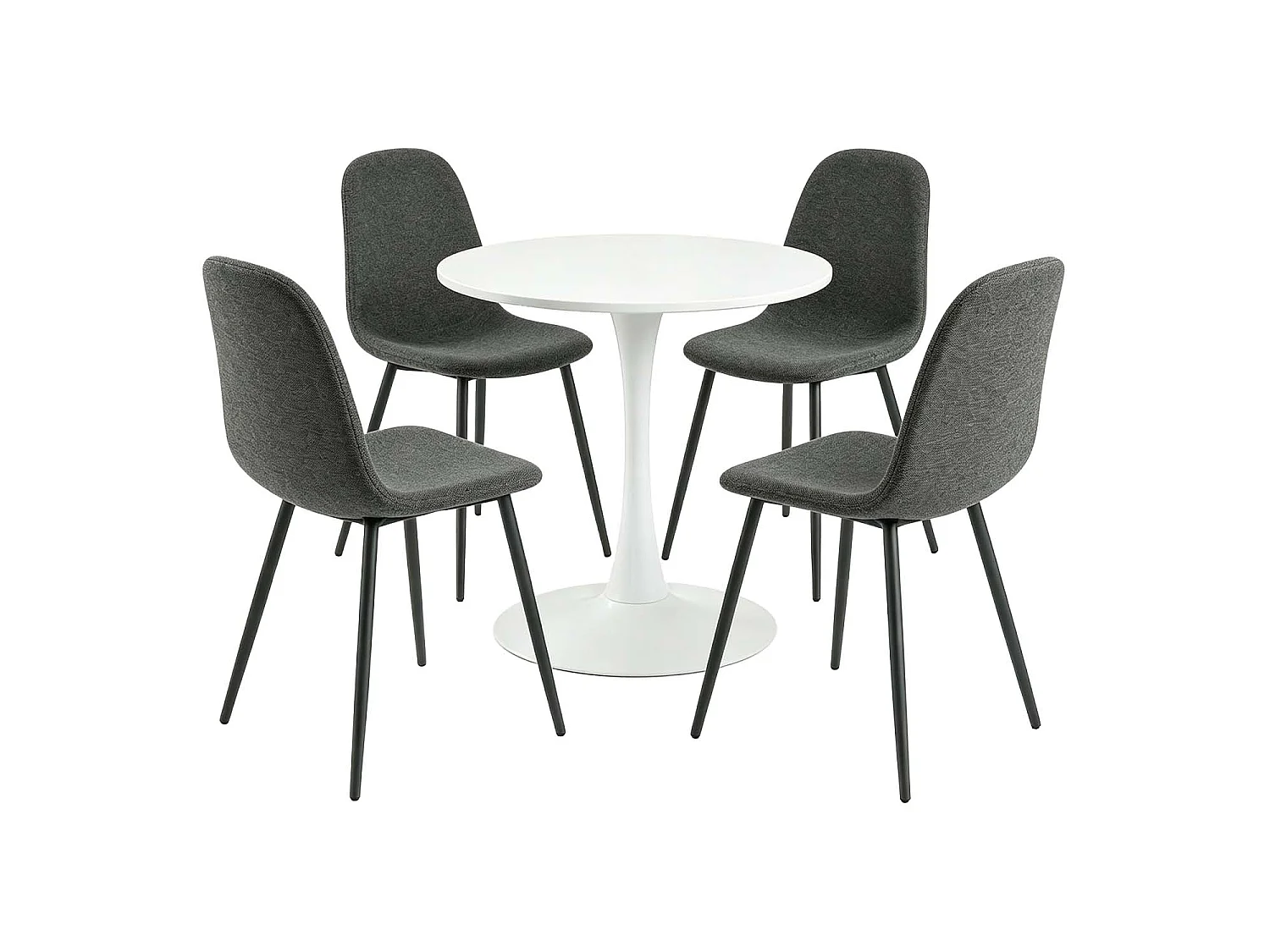 CLIFTOCHARLTON - Table à manger ronde de 80 cm laquée blanc avec pieds en métal blanc et 4 chaises en tissu gris foncé