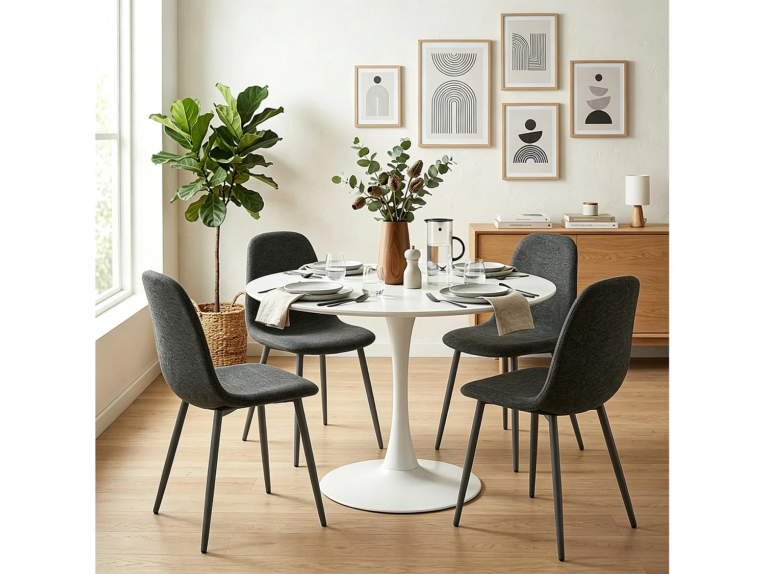 CLIFTOCHARLTON - Table à manger ronde de 80 cm laquée blanc avec pieds en métal blanc et 4 chaises en tissu gris foncé