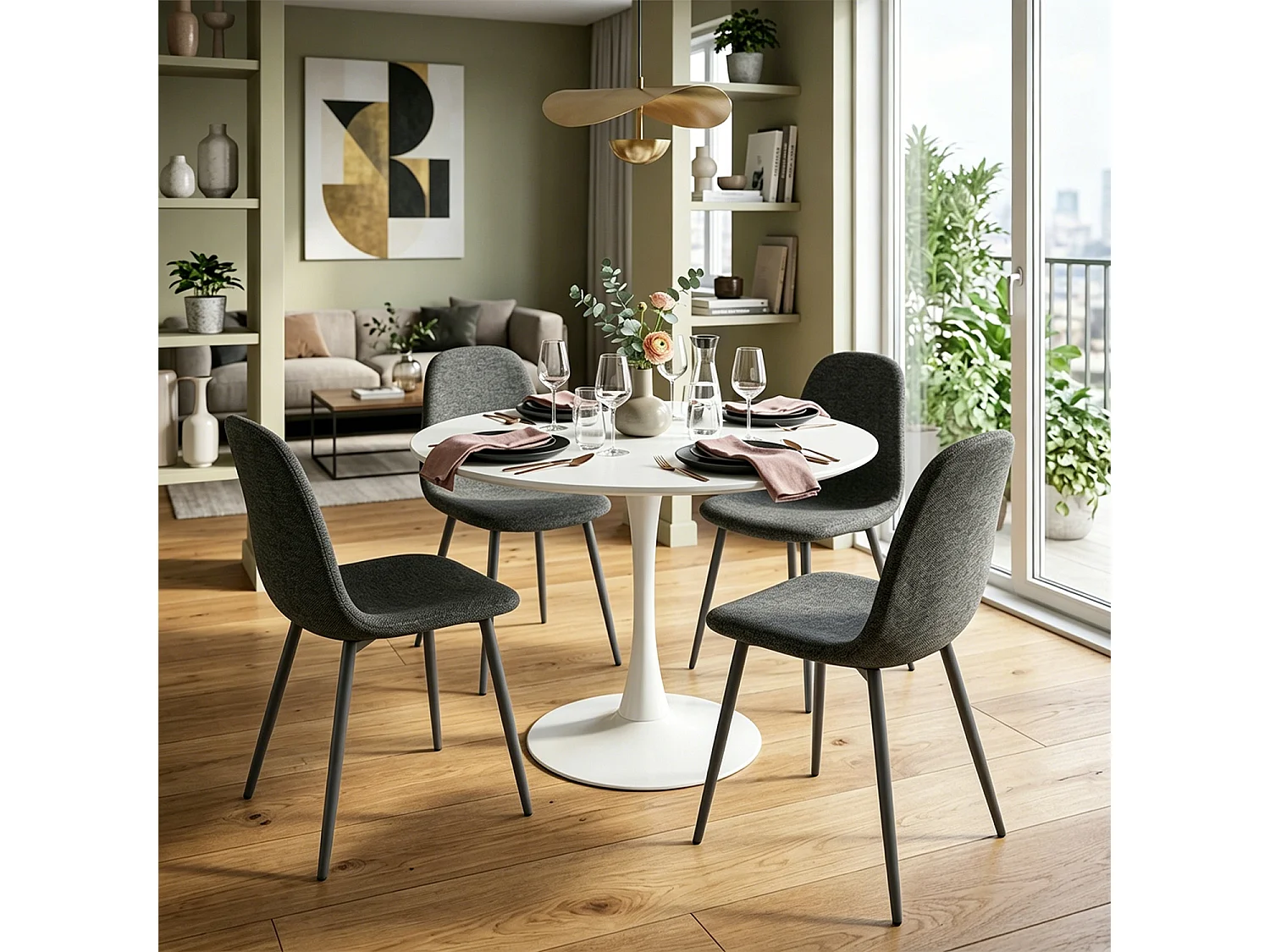 CLIFTOCHARLTON - Table à manger ronde de 80 cm laquée blanc avec pieds en métal blanc et 4 chaises en tissu gris foncé