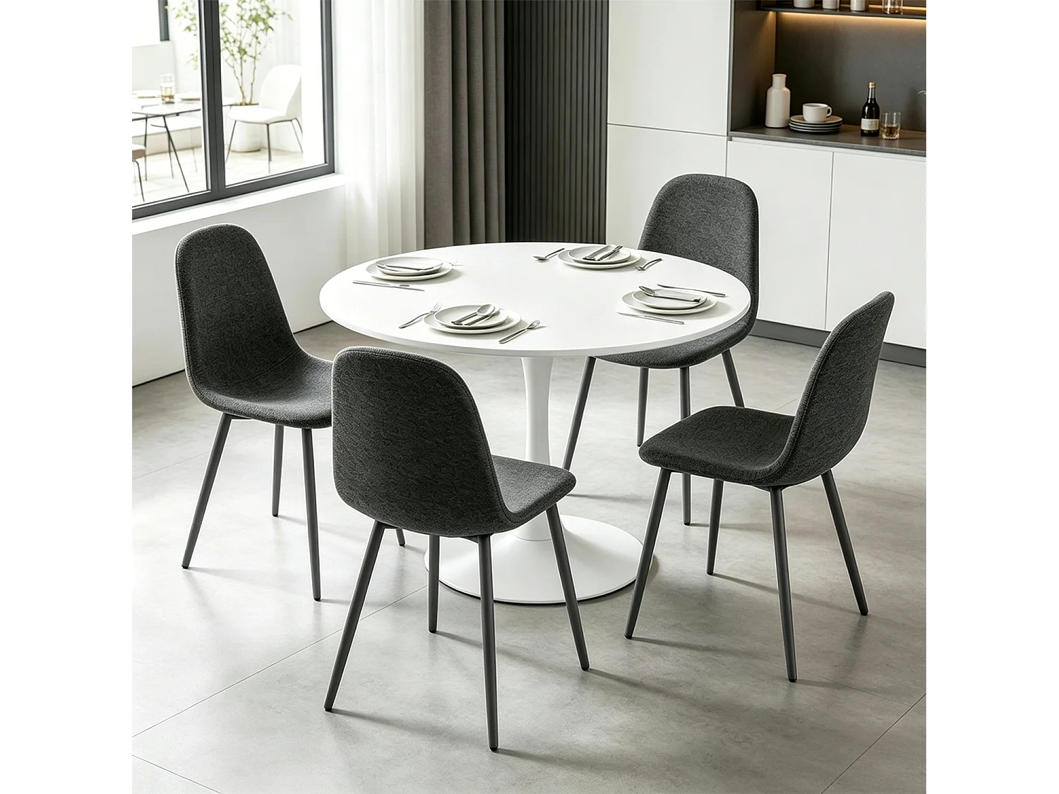 CLIFTOCHARLTON - Table à manger ronde de 80 cm laquée blanc avec pieds en métal blanc et 4 chaises en tissu gris foncé