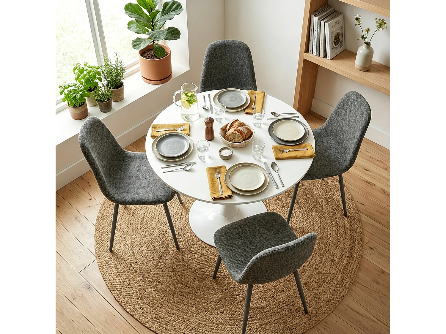 CLIFTOCHARLTON - Table à manger ronde de 80 cm laquée blanc avec pieds en métal blanc et 4 chaises en tissu gris foncé