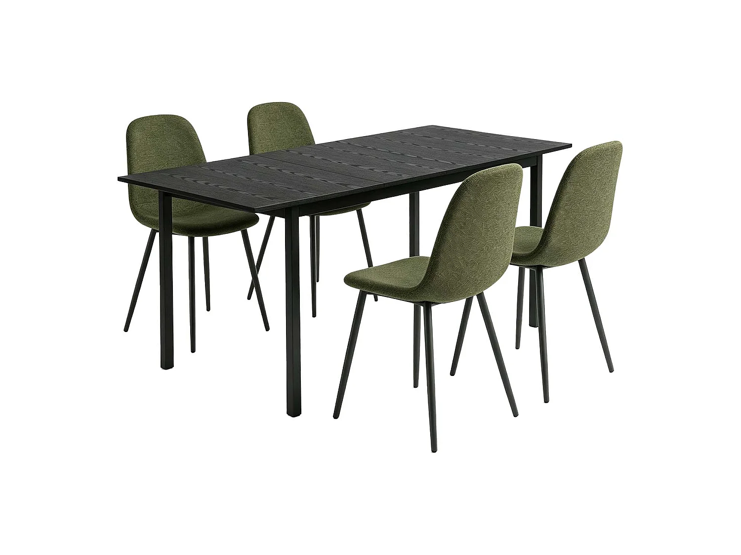 BARICHARLTON - Table à manger extensible 120-160 cm à rallonge papillon avec plateau noir et 4 chaises en tissu vert foncé