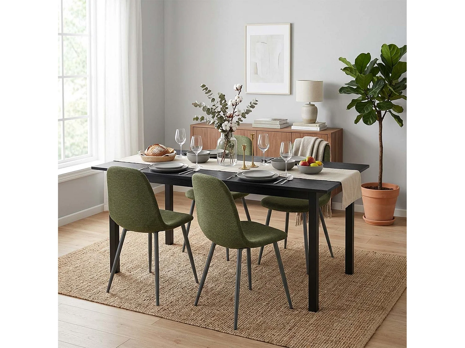 BARICHARLTON - Table à manger extensible 120-160 cm à rallonge papillon avec plateau noir et 4 chaises en tissu vert foncé