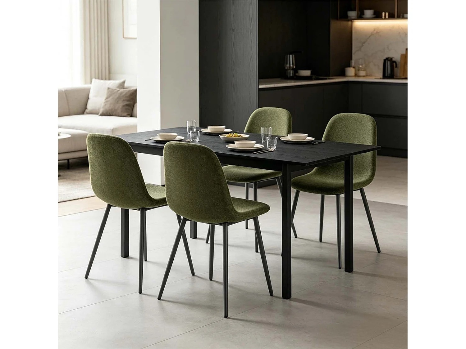 BARICHARLTON - Table à manger extensible 120-160 cm à rallonge papillon avec plateau noir et 4 chaises en tissu vert foncé