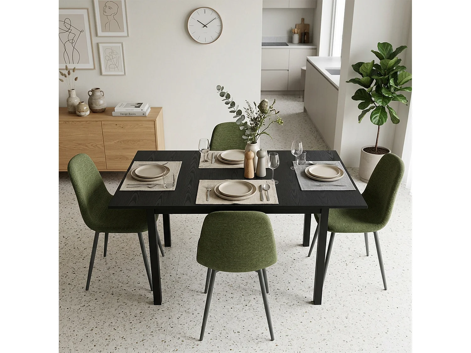 BARICHARLTON - Table à manger extensible 120-160 cm à rallonge papillon avec plateau noir et 4 chaises en tissu vert foncé