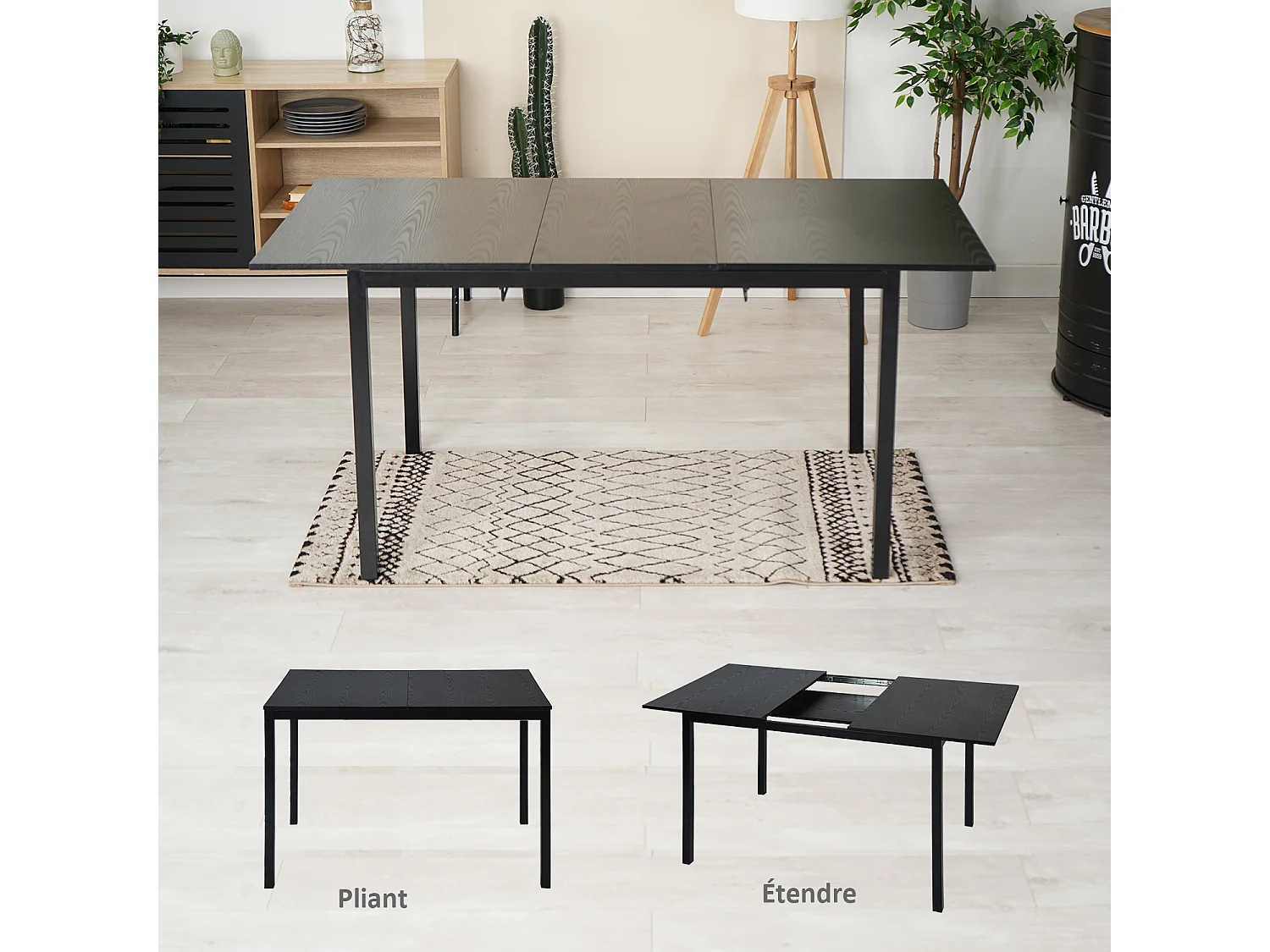 BARICHARLTON - Table à manger extensible 120-160 cm à rallonge papillon avec plateau noir et 4 chaises en tissu vert foncé