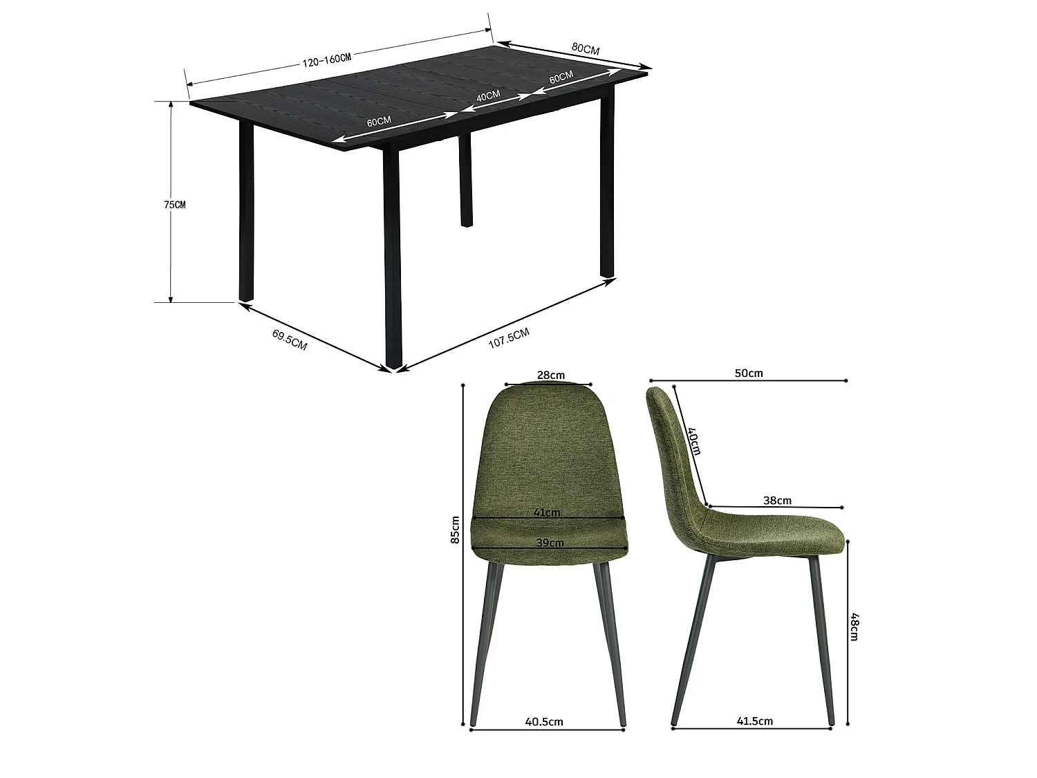 BARICHARLTON - Table à manger extensible 120-160 cm à rallonge papillon avec plateau noir et 4 chaises en tissu vert foncé