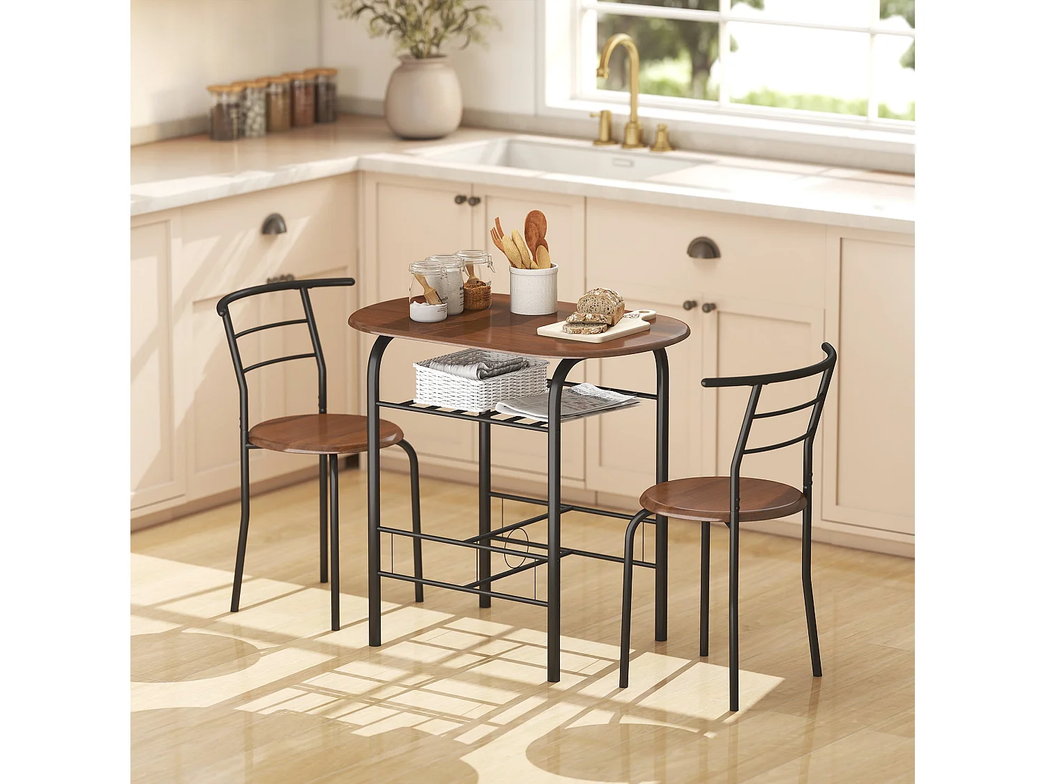 Vidiba 3 Piece Compact Dining Set Natural Wood Effect Table with 2 Black Metal Chairs