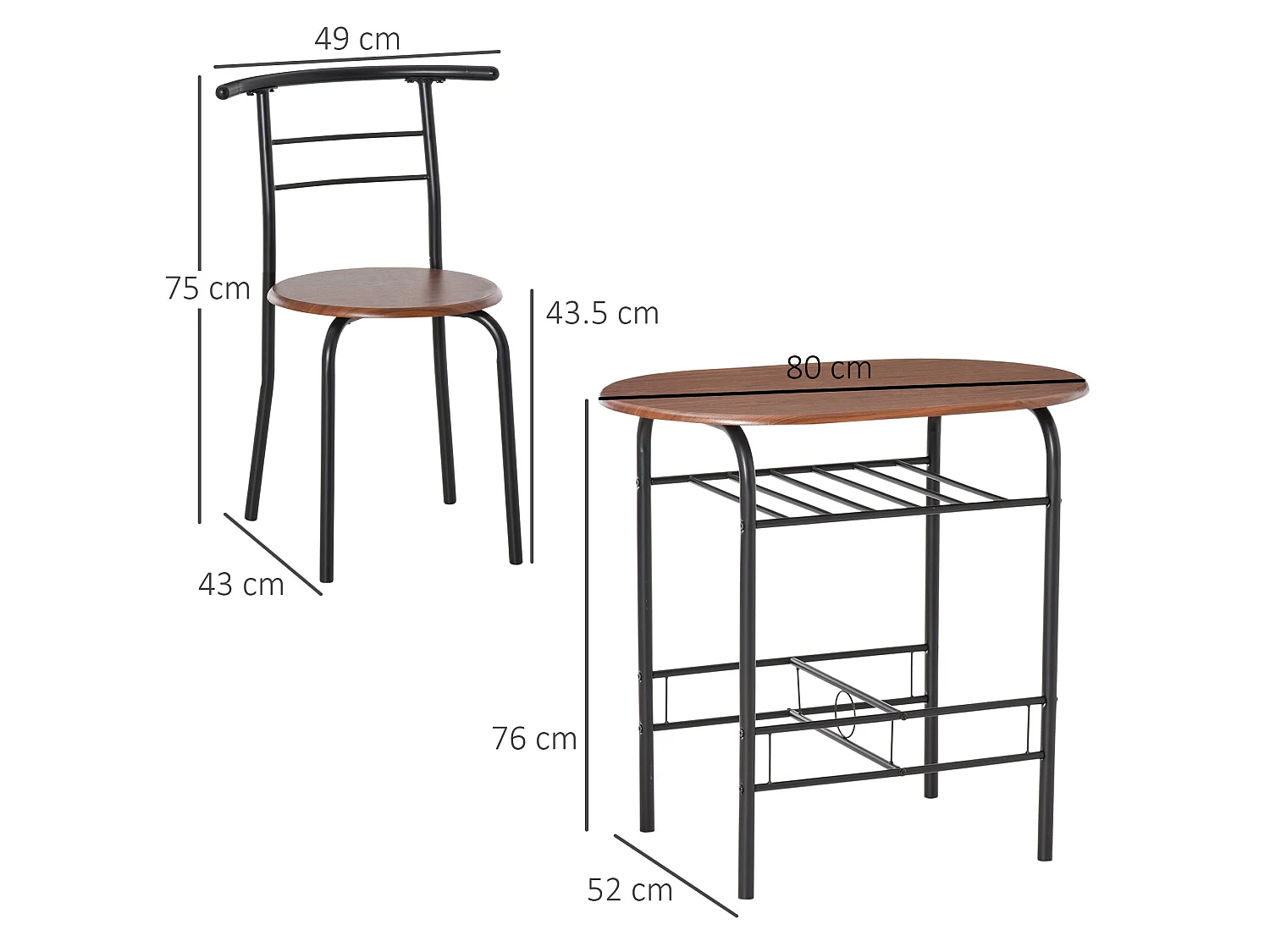 Vidiba 3 Piece Compact Dining Set Natural Wood Effect Table with 2 Black Metal Chairs