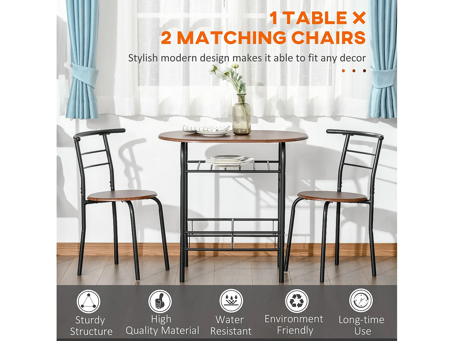 Vidiba 3 Piece Compact Dining Set Natural Wood Effect Table with 2 Black Metal Chairs