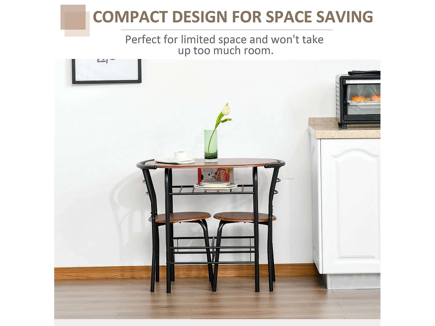Vidiba 3 Piece Compact Dining Set Natural Wood Effect Table with 2 Black Metal Chairs