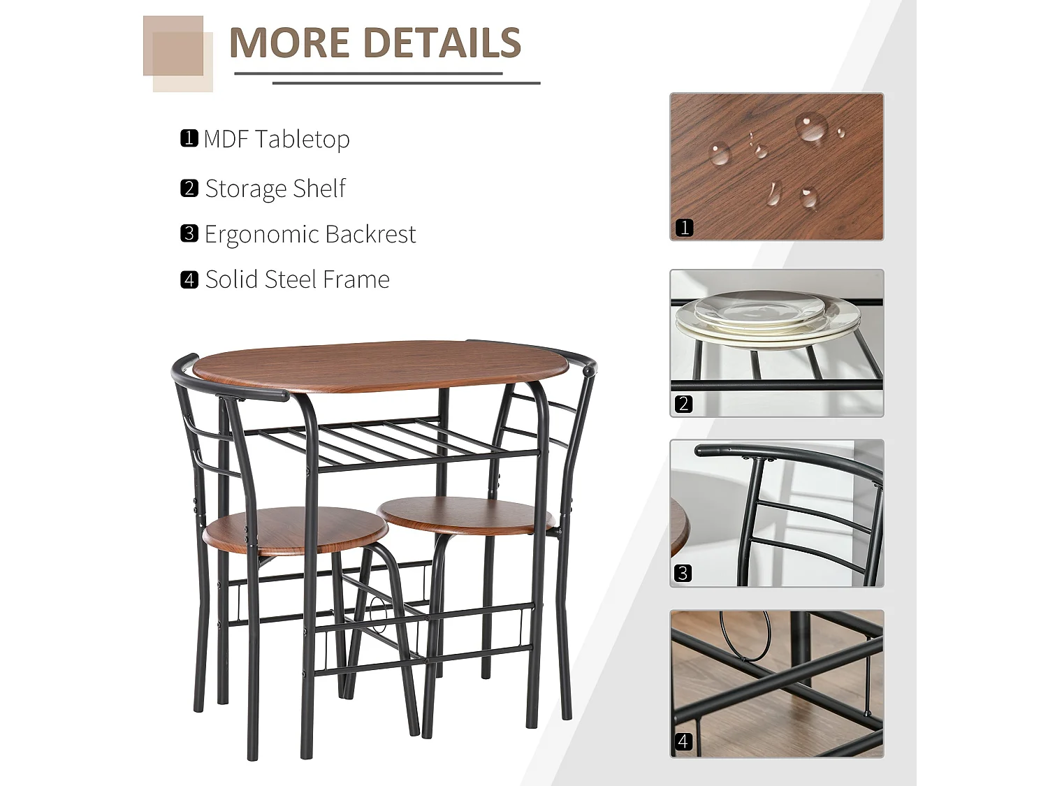 Vidiba 3 Piece Compact Dining Set Natural Wood Effect Table with 2 Black Metal Chairs