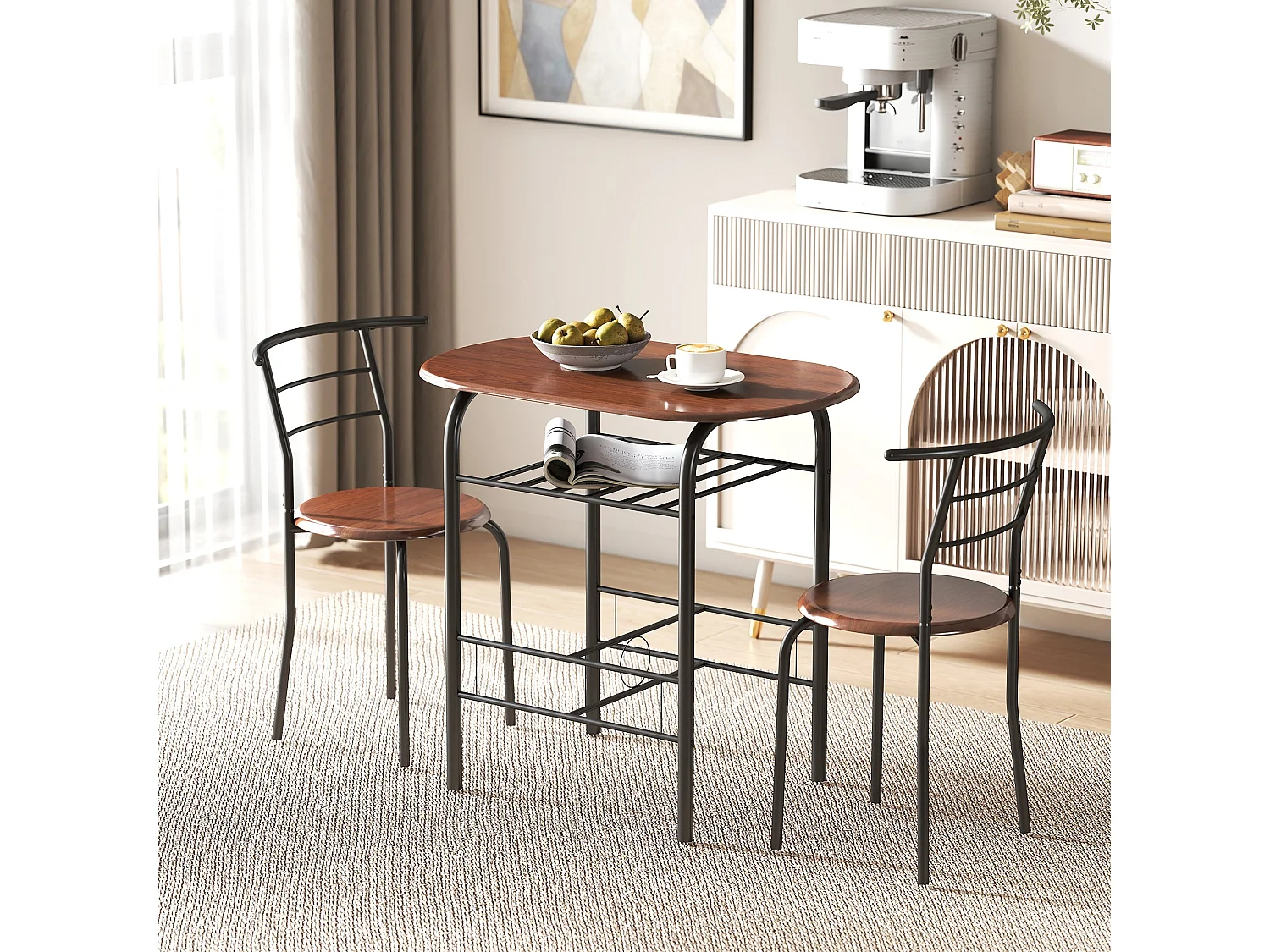 Vidiba 3 Piece Compact Dining Set Natural Wood Effect Table with 2 Black Metal Chairs