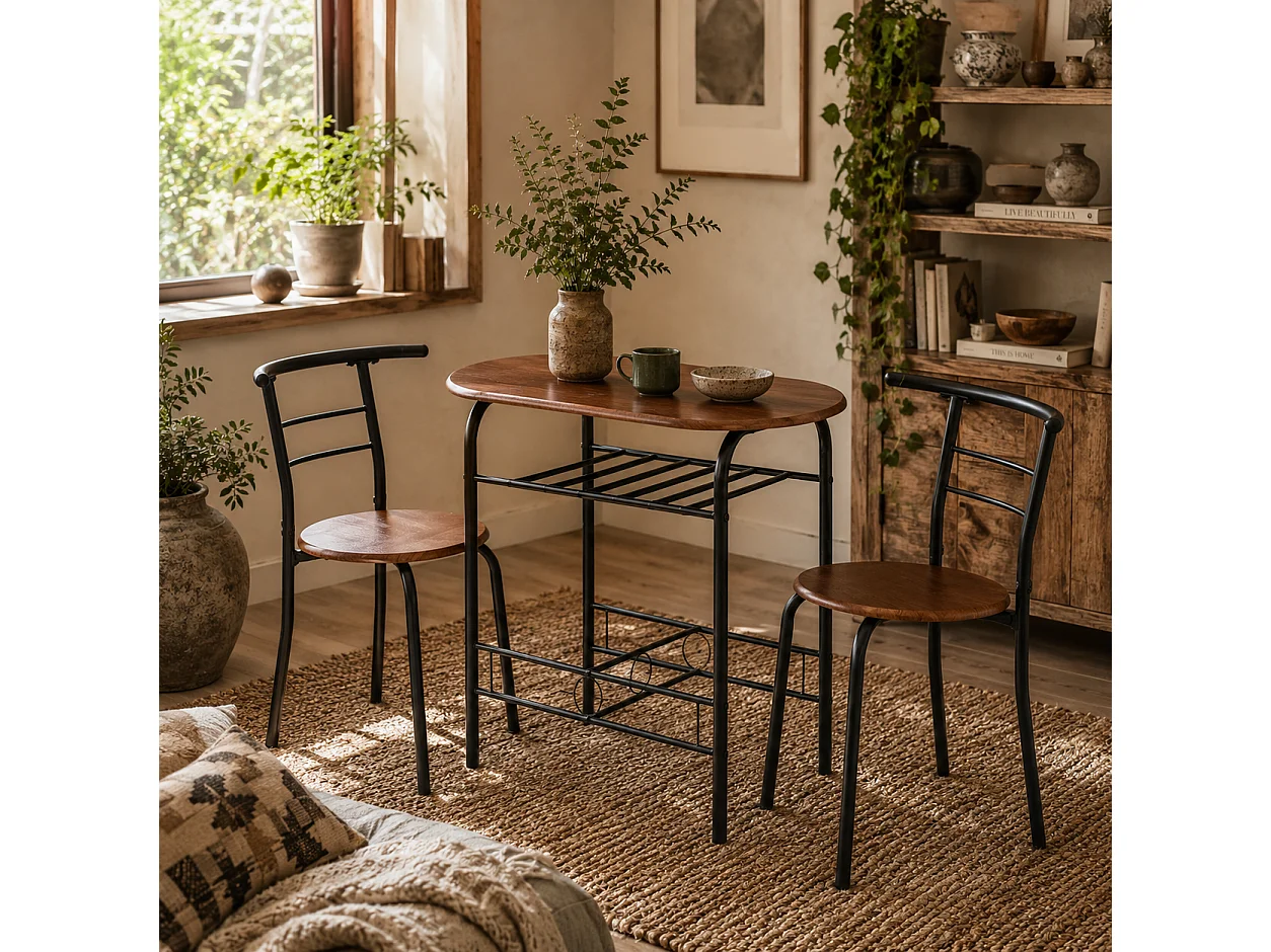 Vidiba 3 Piece Compact Dining Set Natural Wood Effect Table with 2 Black Metal Chairs