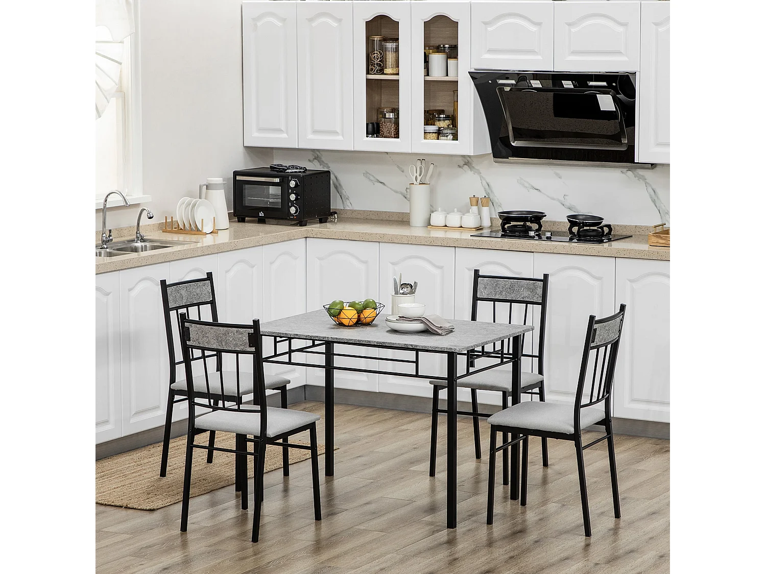 Lera 5 Piece Marble Effect Grey and Black Dining Set Rectangular Table with 4 Chairs