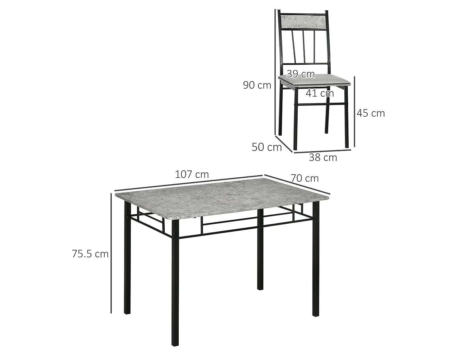 Lera 5 Piece Marble Effect Grey and Black Dining Set Rectangular Table with 4 Chairs