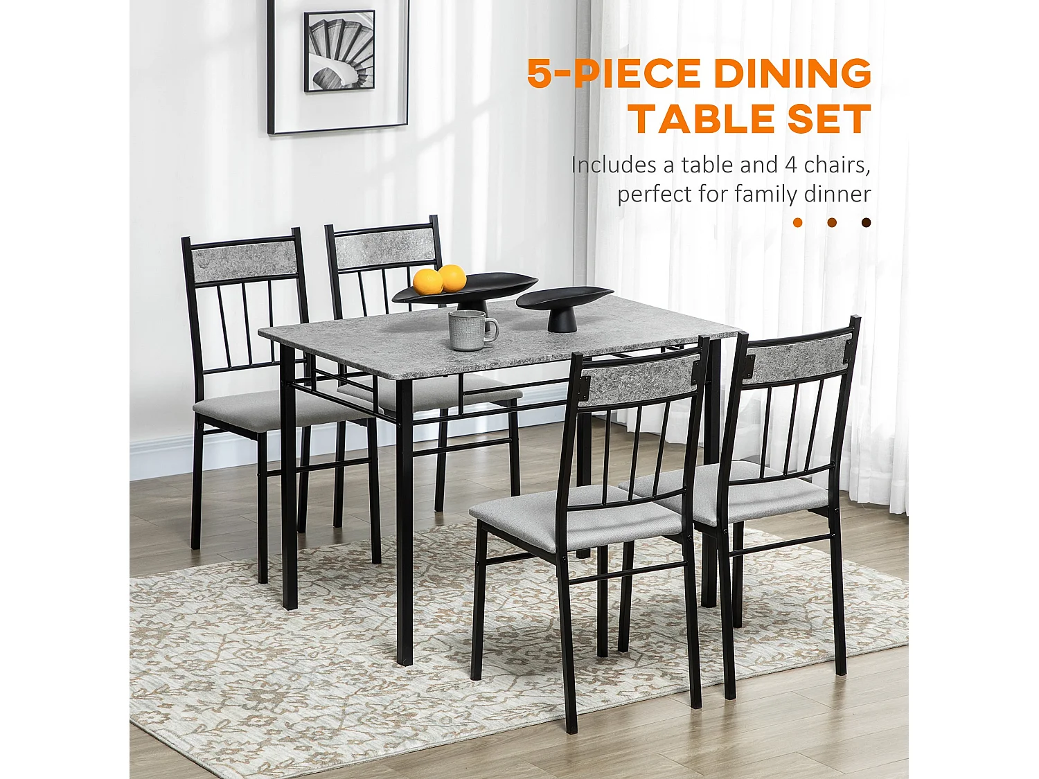 Lera 5 Piece Marble Effect Grey and Black Dining Set Rectangular Table with 4 Chairs