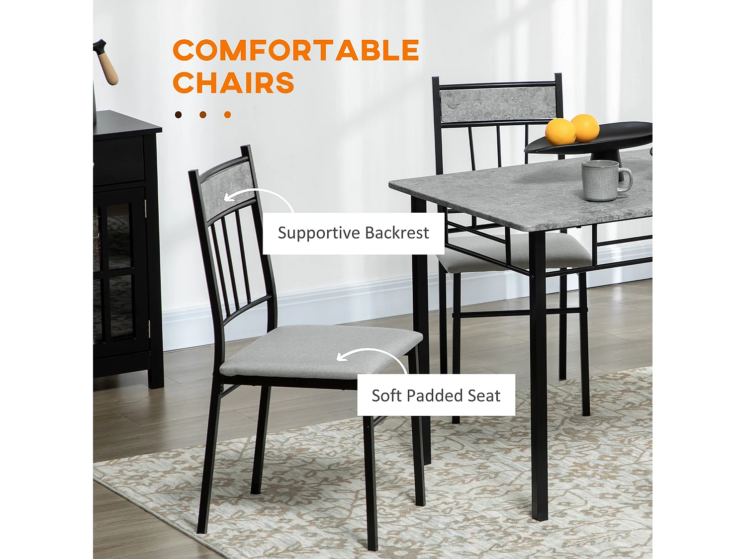 Lera 5 Piece Marble Effect Grey and Black Dining Set Rectangular Table with 4 Chairs