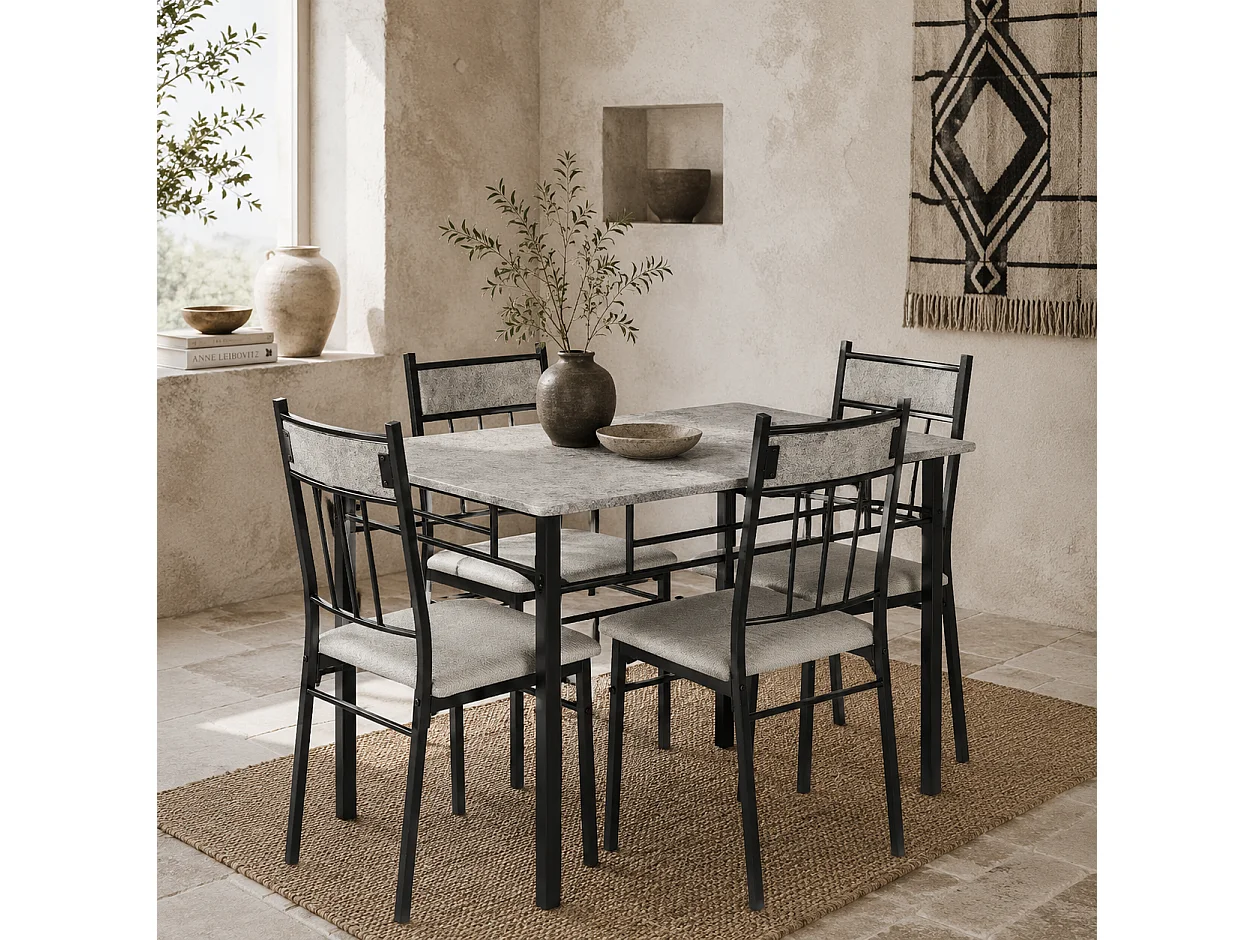 Lera 5 Piece Marble Effect Grey and Black Dining Set Rectangular Table with 4 Chairs