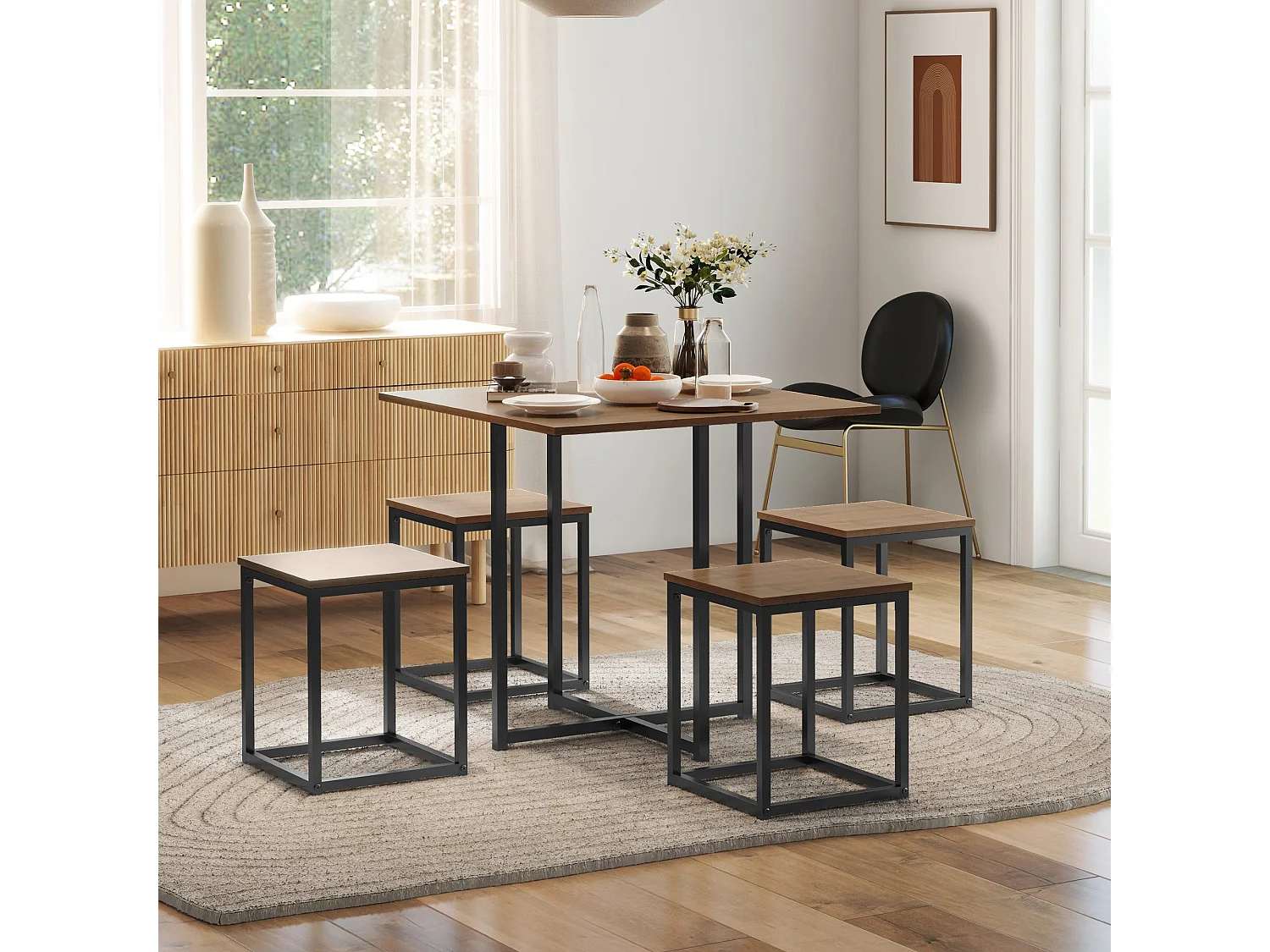 Sajonia 5 Piece Industrial Square Dining Set Brown Wood Effect Top Black Steel Frame