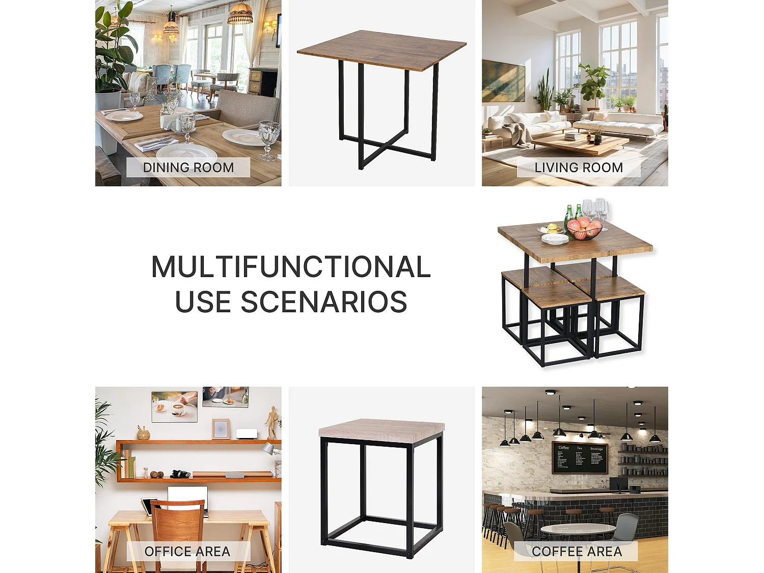 Sajonia 5 Piece Industrial Square Dining Set Brown Wood Effect Top Black Steel Frame