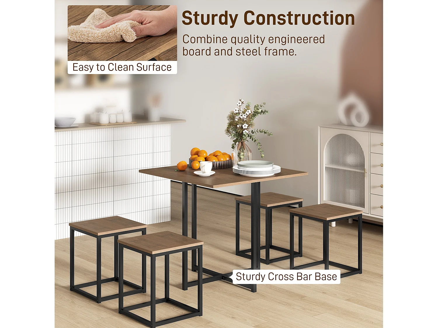 Sajonia 5 Piece Industrial Square Dining Set Brown Wood Effect Top Black Steel Frame