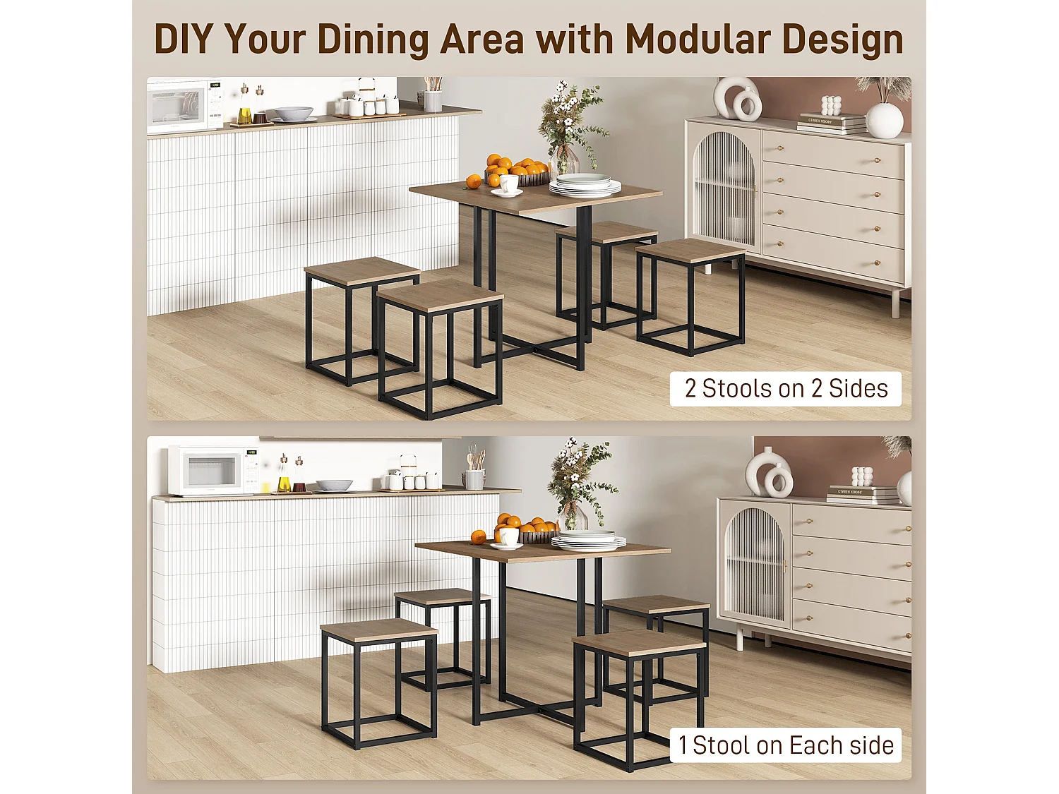 Sajonia 5 Piece Industrial Square Dining Set Brown Wood Effect Top Black Steel Frame