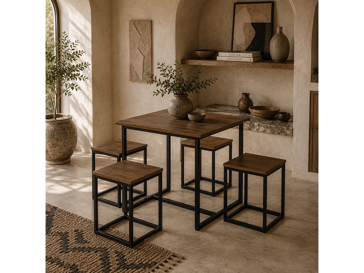 Sajonia 5 Piece Industrial Square Dining Set Brown Wood Effect Top Black Steel Frame