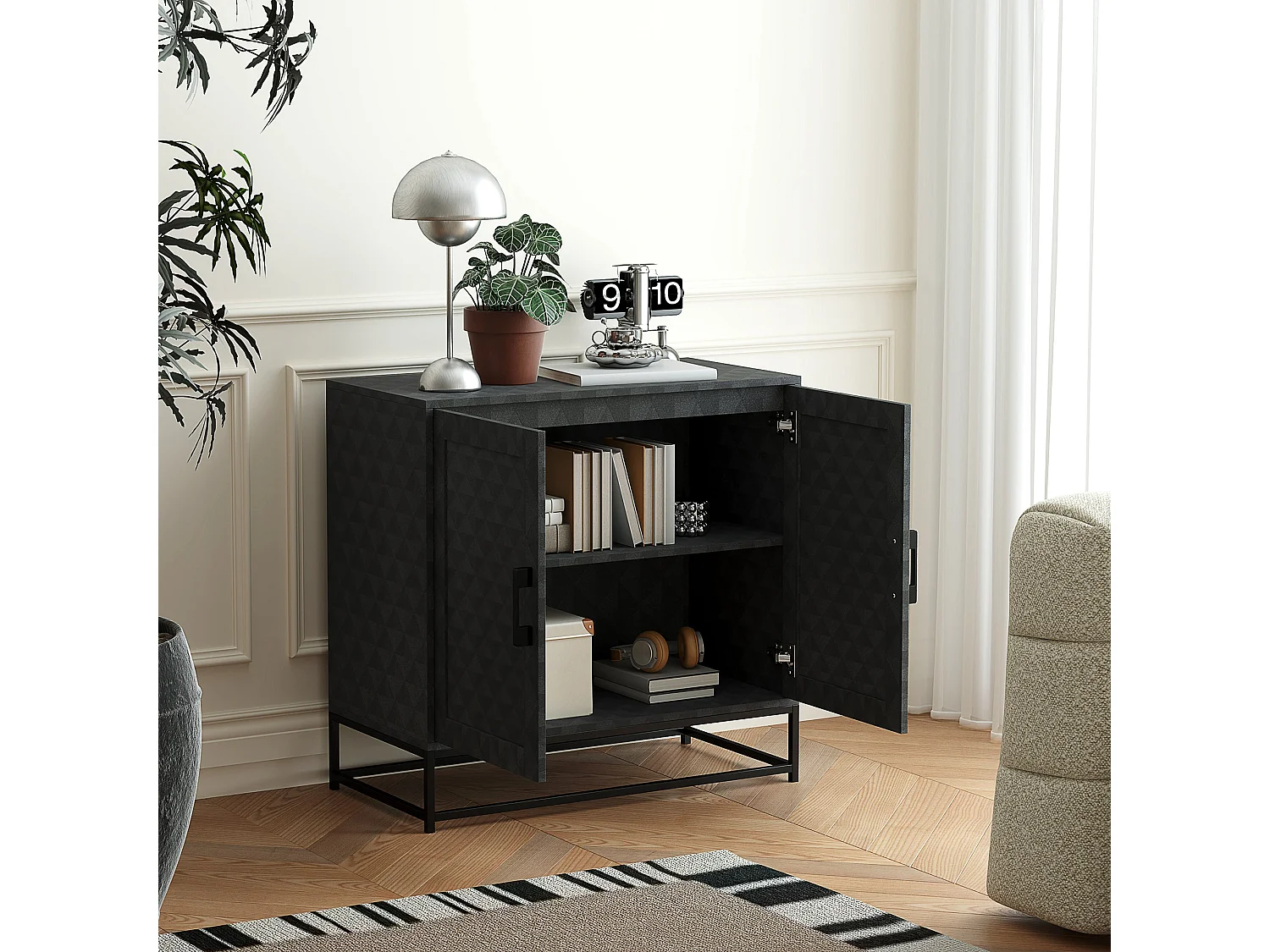 Nelima Black Freestanding Sideboard with Geometric Double Doors