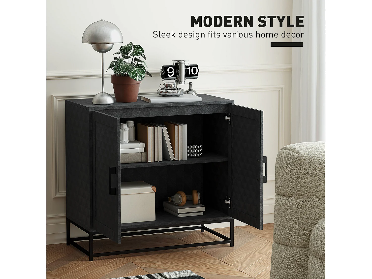 Nelima Black Freestanding Sideboard with Geometric Double Doors