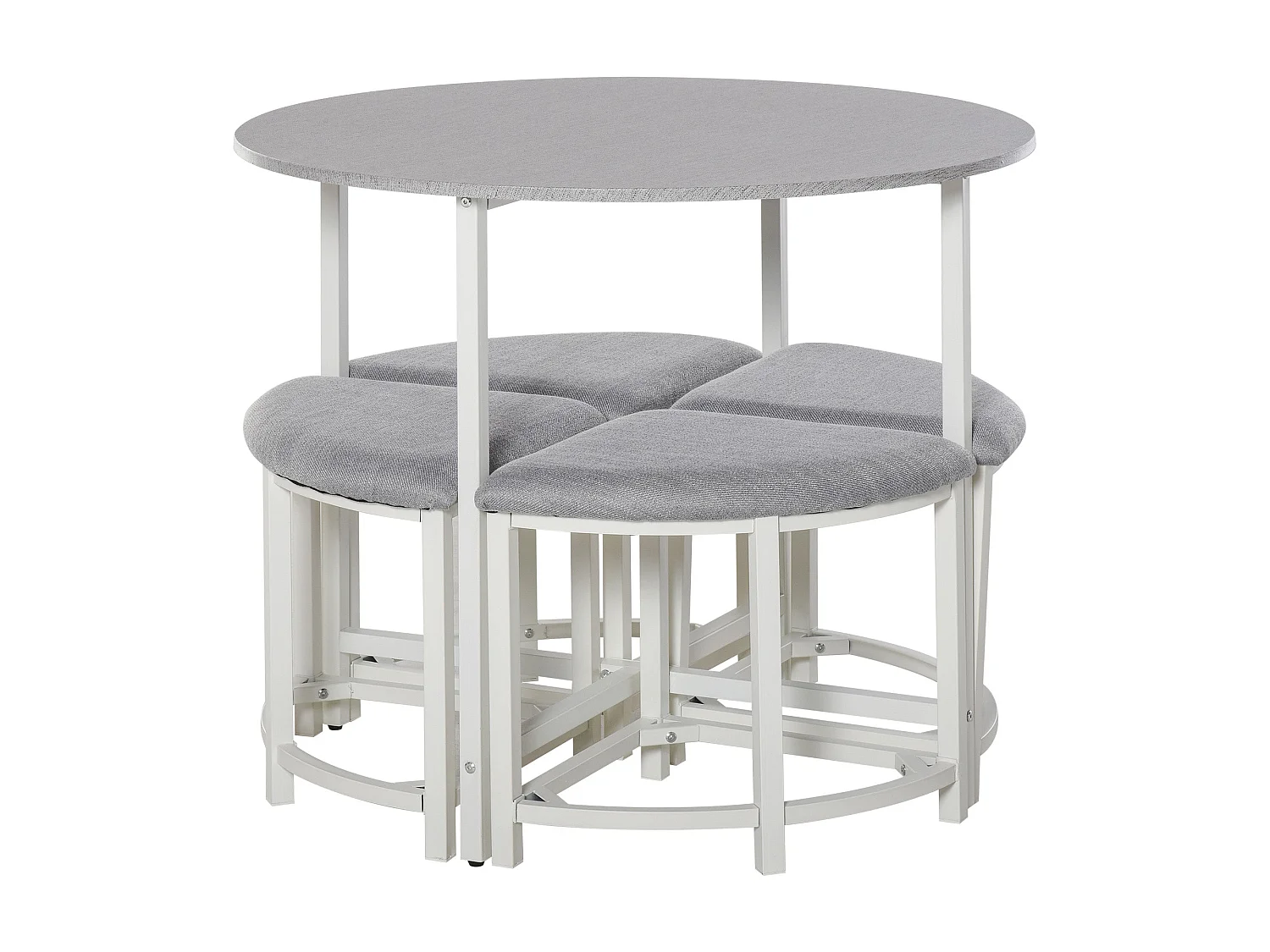 Bavino 5 Piece Round Dining Set Grey Upholstered Stools White Steel Frame