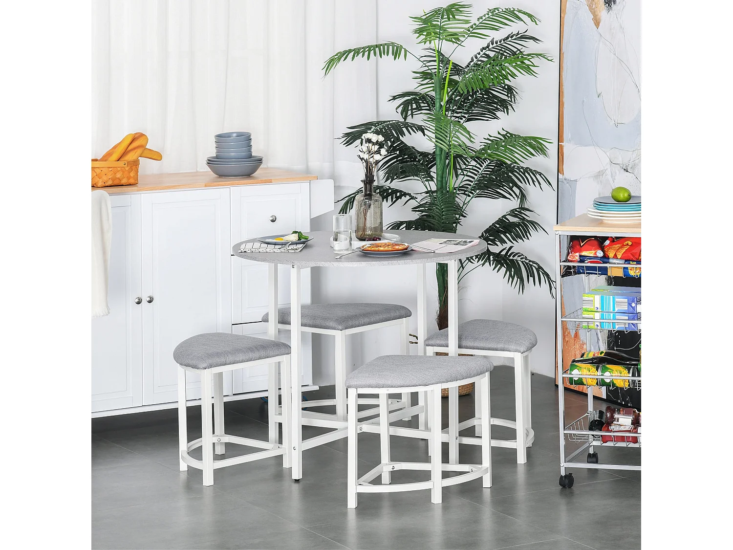 Bavino 5 Piece Round Dining Set Grey Upholstered Stools White Steel Frame