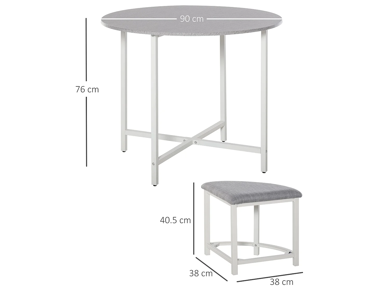 Bavino 5 Piece Round Dining Set Grey Upholstered Stools White Steel Frame