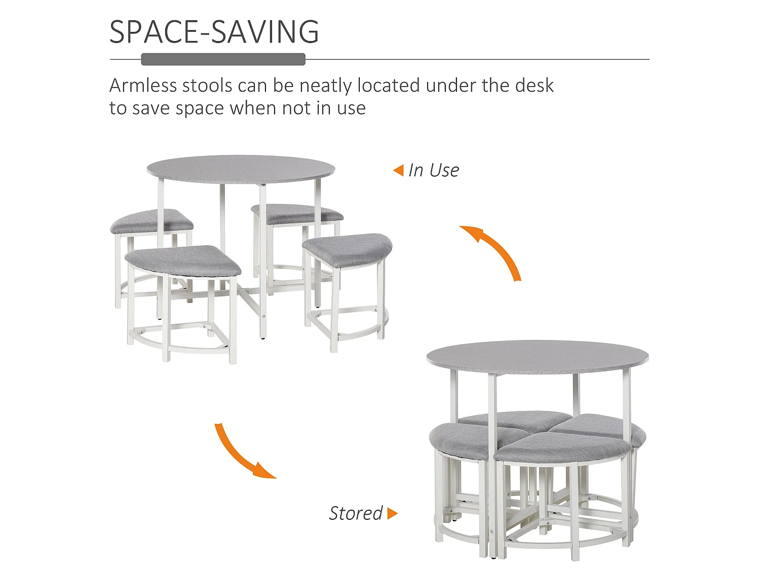 Bavino 5 Piece Round Dining Set Grey Upholstered Stools White Steel Frame