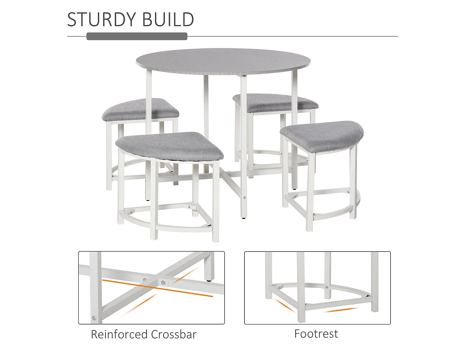 Bavino 5 Piece Round Dining Set Grey Upholstered Stools White Steel Frame