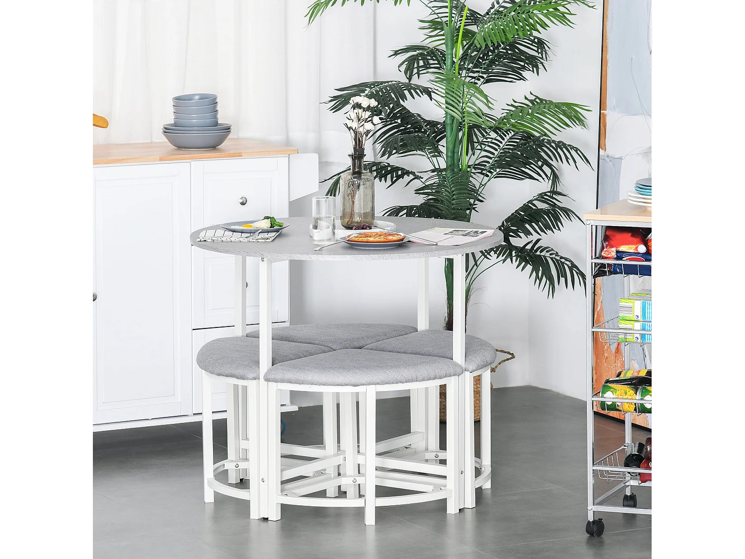 Bavino 5 Piece Round Dining Set Grey Upholstered Stools White Steel Frame