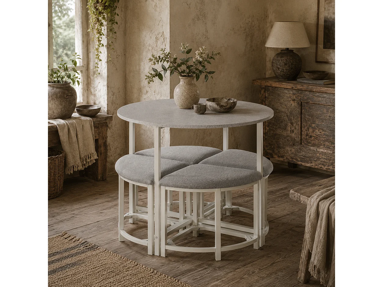 Bavino 5 Piece Round Dining Set Grey Upholstered Stools White Steel Frame