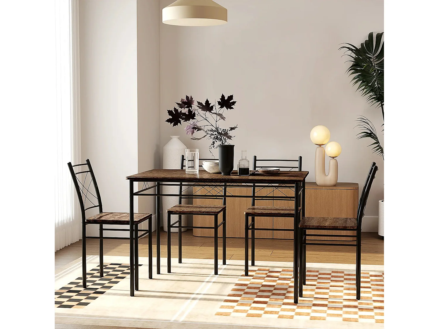 Birutte 5 Piece Oak Effect and Black Minimal Dining Set