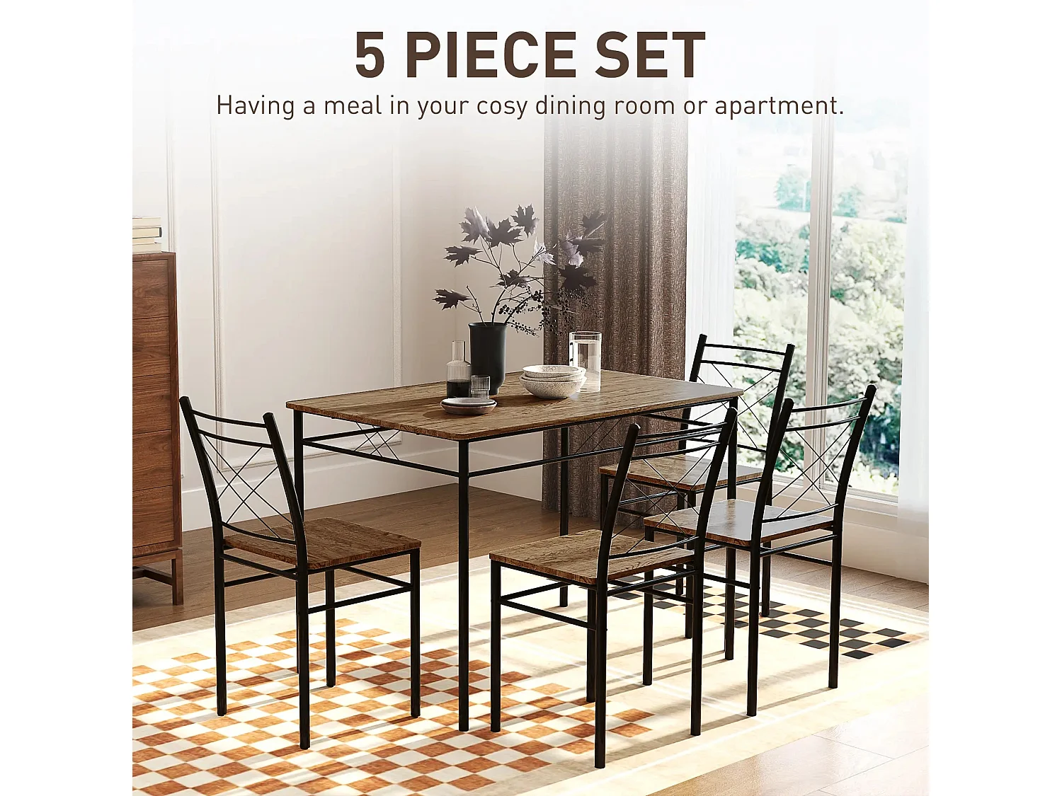 Birutte 5 Piece Oak Effect and Black Minimal Dining Set