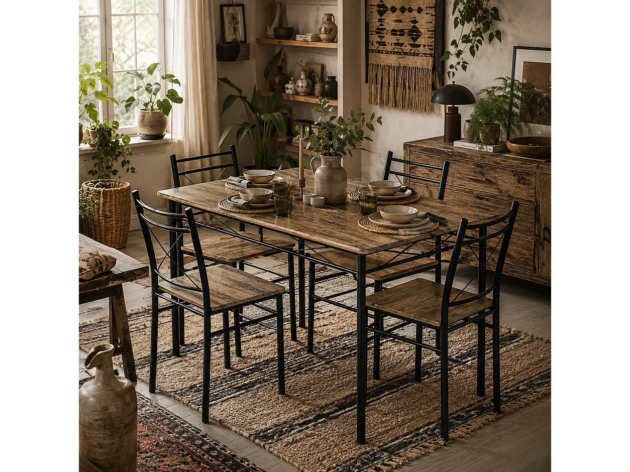 Birutte 5 Piece Oak Effect and Black Minimal Dining Set