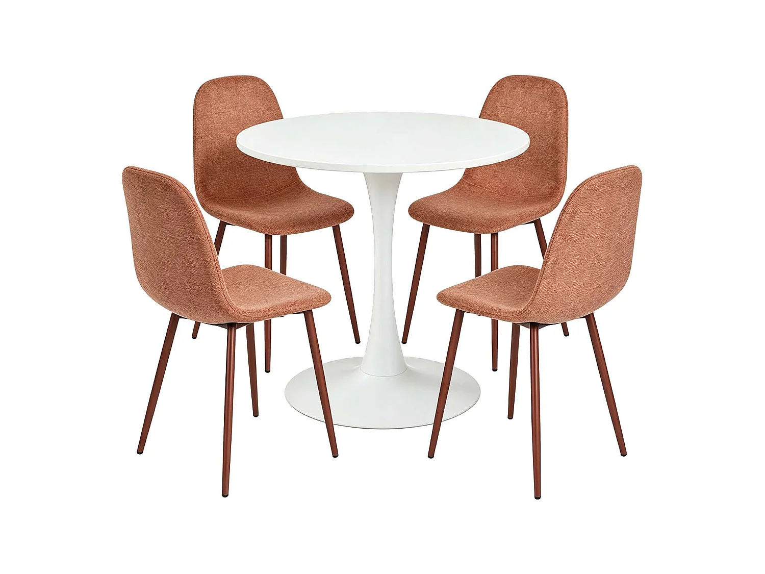 CLIFTOCHARLTON - Table à manger ronde de 80 cm laquée blanc avec pieds en métal blanc et 4 chaises en tissu brique