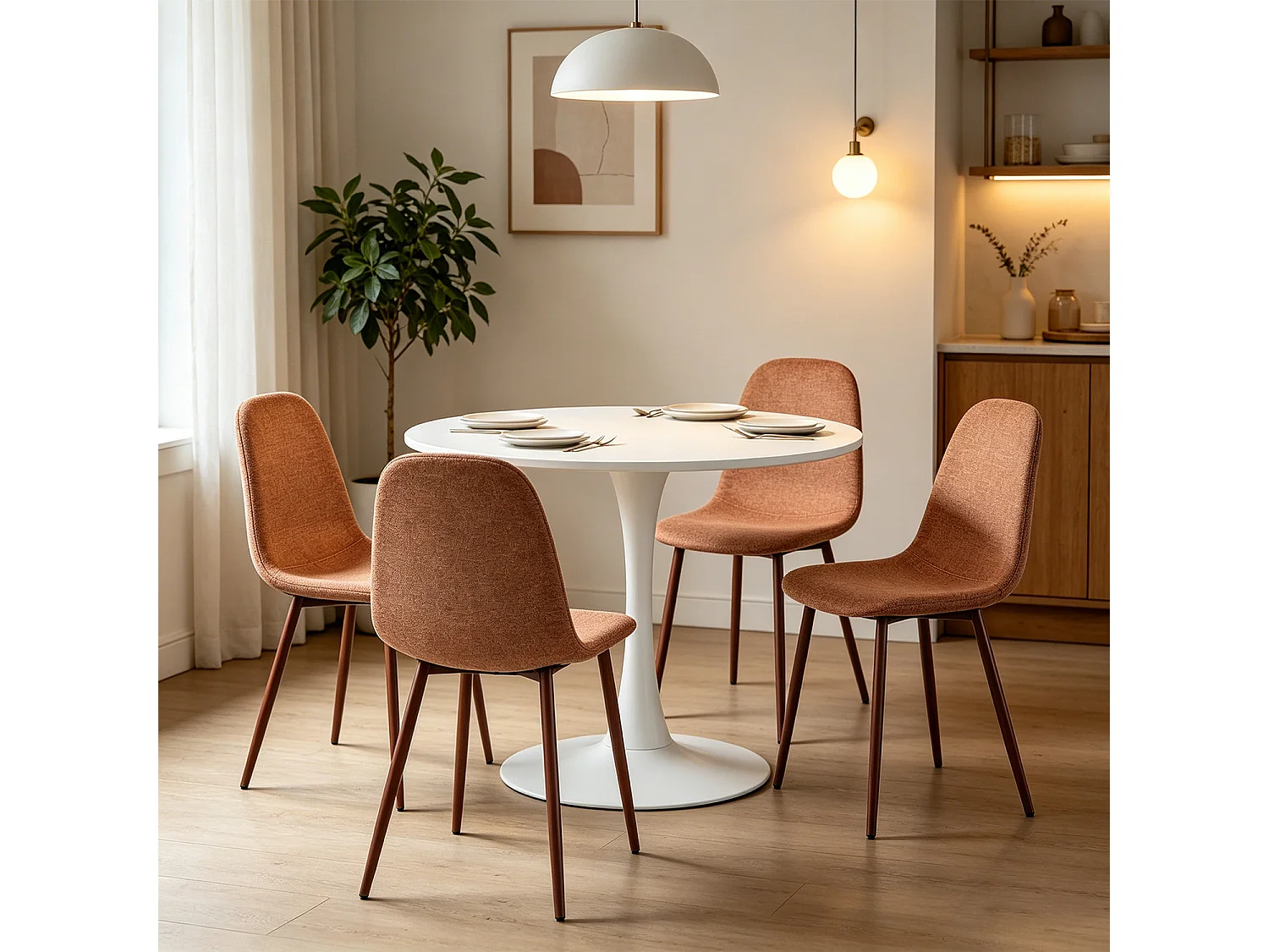 CLIFTOCHARLTON - Table à manger ronde de 80 cm laquée blanc avec pieds en métal blanc et 4 chaises en tissu brique