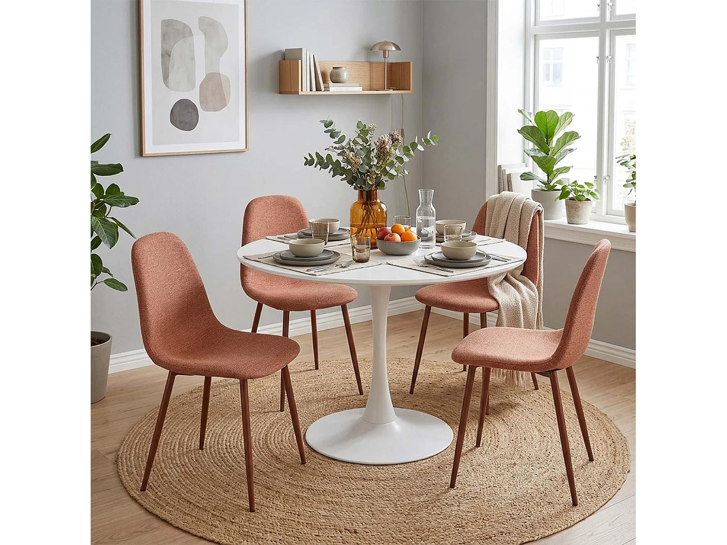 CLIFTOCHARLTON - Table à manger ronde de 80 cm laquée blanc avec pieds en métal blanc et 4 chaises en tissu brique