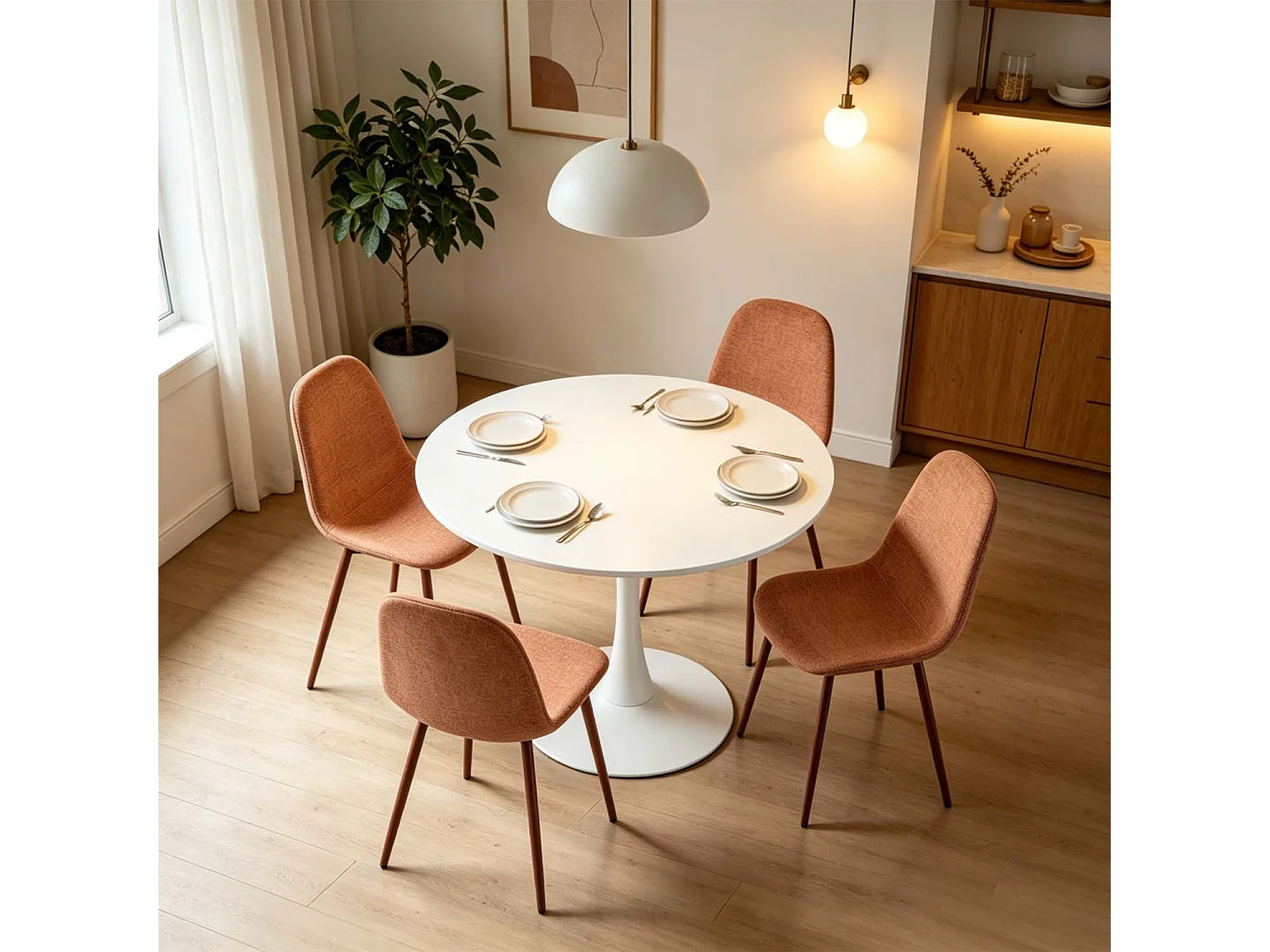 CLIFTOCHARLTON - Table à manger ronde de 80 cm laquée blanc avec pieds en métal blanc et 4 chaises en tissu brique