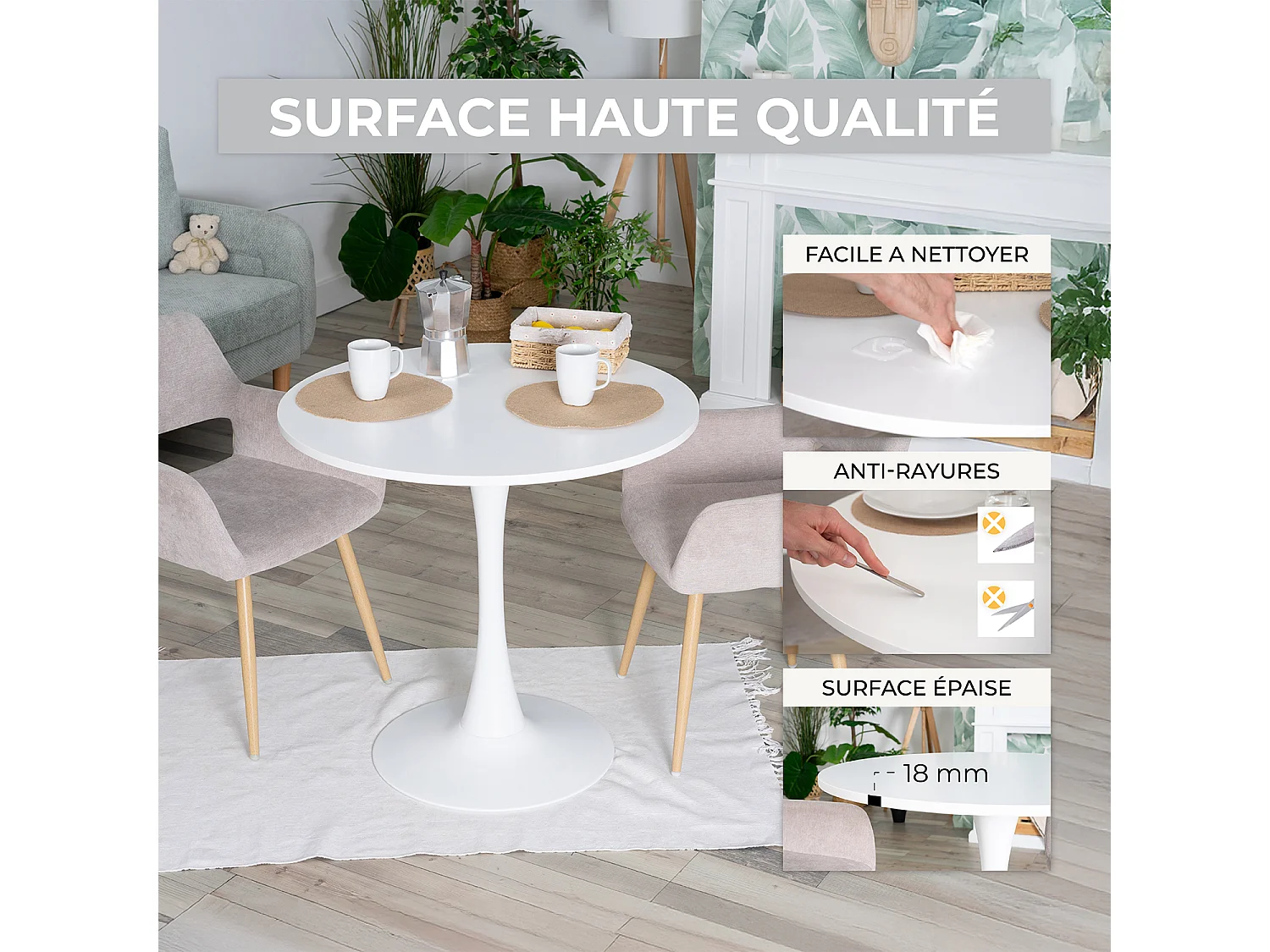 CLIFTOCHARLTON - Table à manger ronde de 80 cm laquée blanc avec pieds en métal blanc et 4 chaises en tissu brique