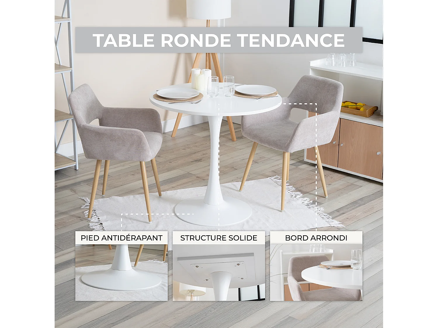 CLIFTOCHARLTON - Table à manger ronde de 80 cm laquée blanc avec pieds en métal blanc et 4 chaises en tissu brique