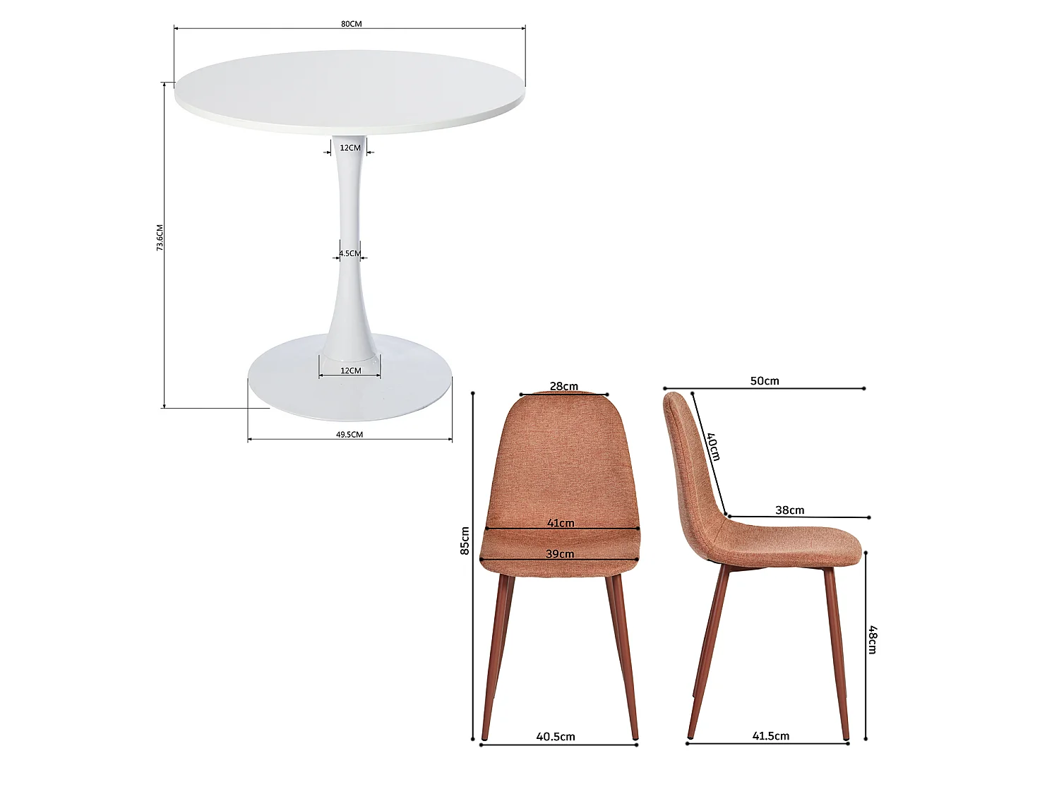 CLIFTOCHARLTON - Table à manger ronde de 80 cm laquée blanc avec pieds en métal blanc et 4 chaises en tissu brique