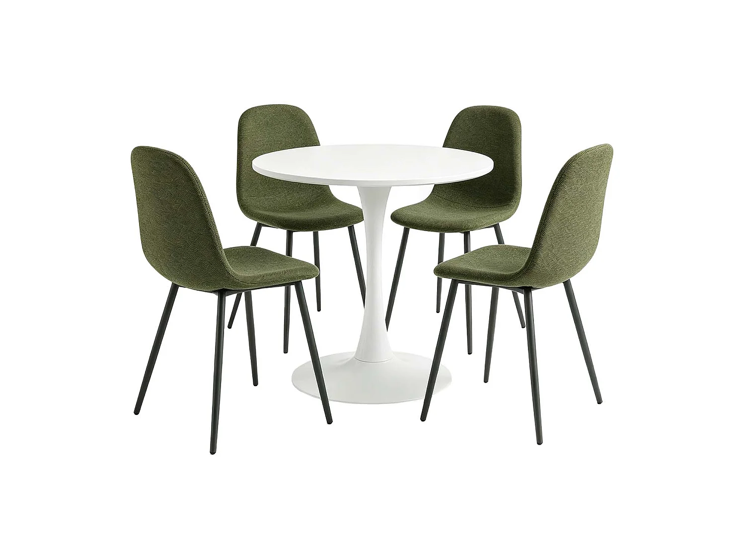 CLIFTOCHARLTON - Table à manger ronde de 80 cm laquée blanc avec pieds en métal blanc et 4 chaises en tissu vert foncé