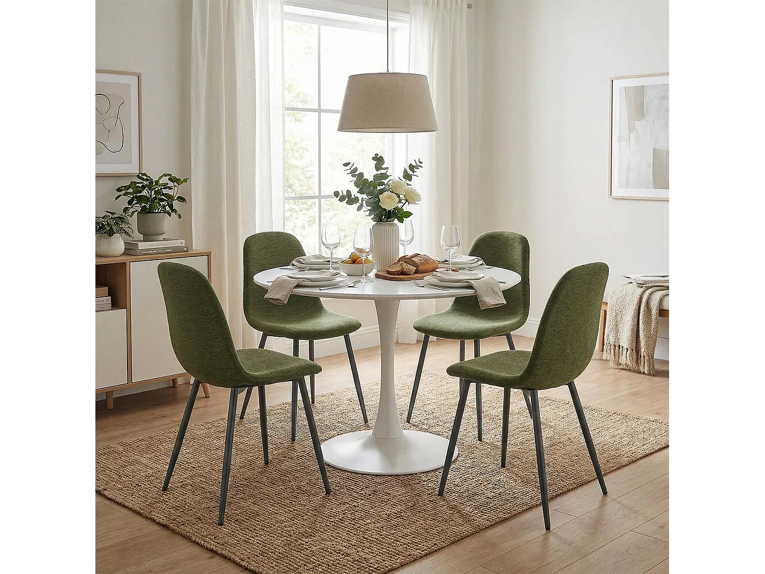 CLIFTOCHARLTON - Table à manger ronde de 80 cm laquée blanc avec pieds en métal blanc et 4 chaises en tissu vert foncé