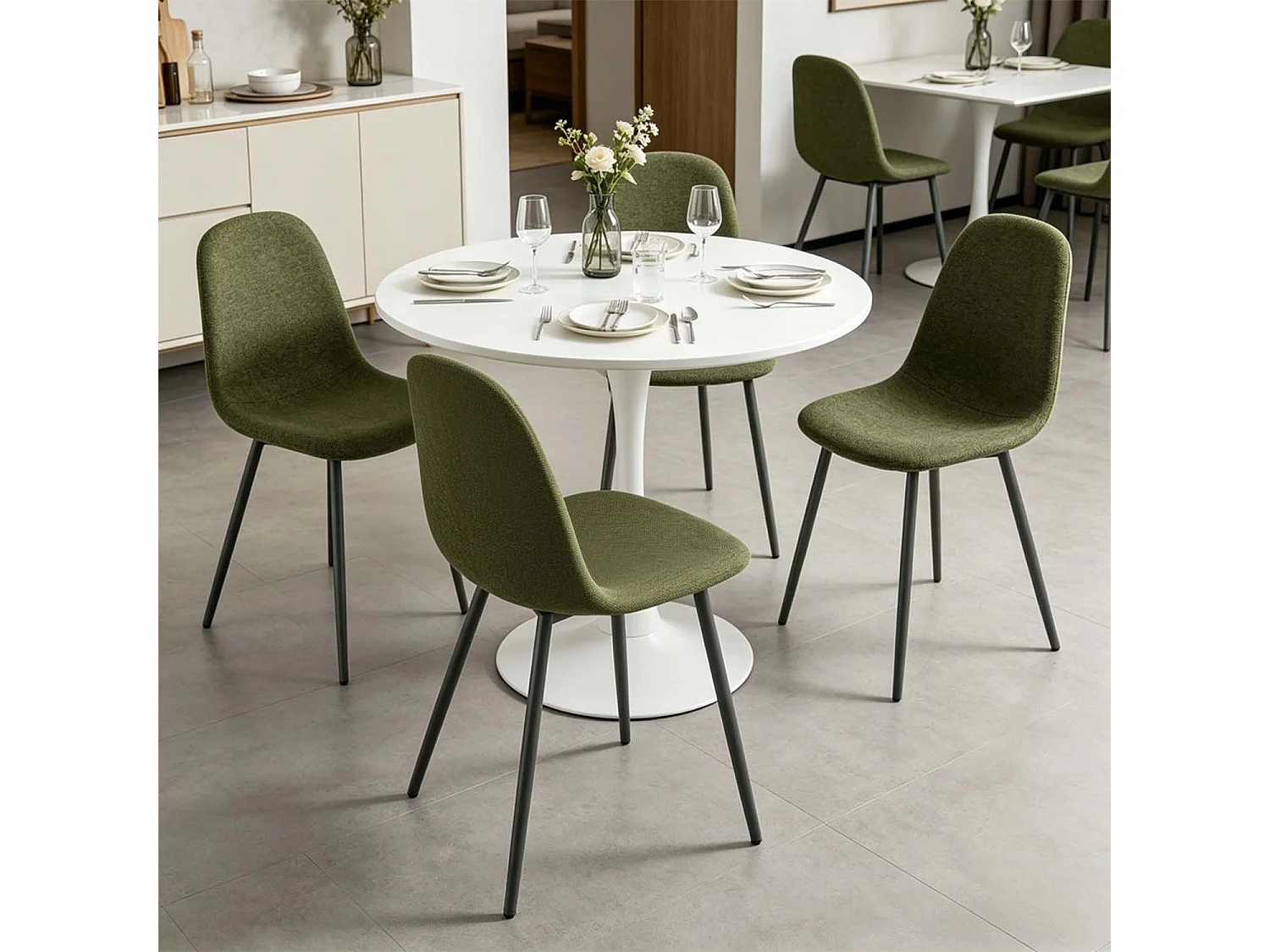 CLIFTOCHARLTON - Table à manger ronde de 80 cm laquée blanc avec pieds en métal blanc et 4 chaises en tissu vert foncé